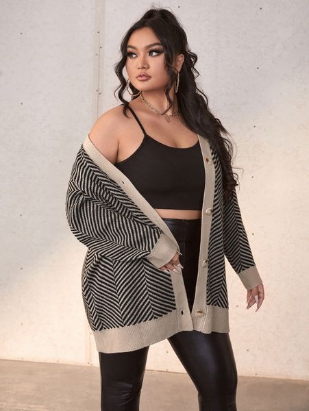 

plus herringbone pattern drop shoulder cardigan 3583#, Black