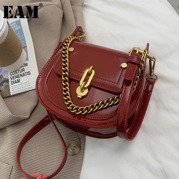 

cross body [eam] women small saddle patent leather glossy flap personality all-match crossbody shoulder bag fashion tide 2021 18a2116