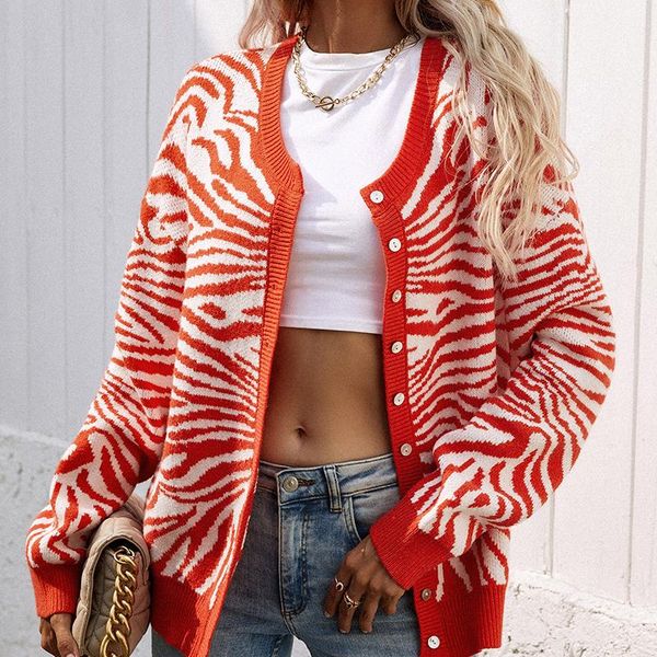 

women's knits & tees fashion red zebra stripes cardigan sweater women buttons up casual slim jacket female autumn winter colorful outer, White