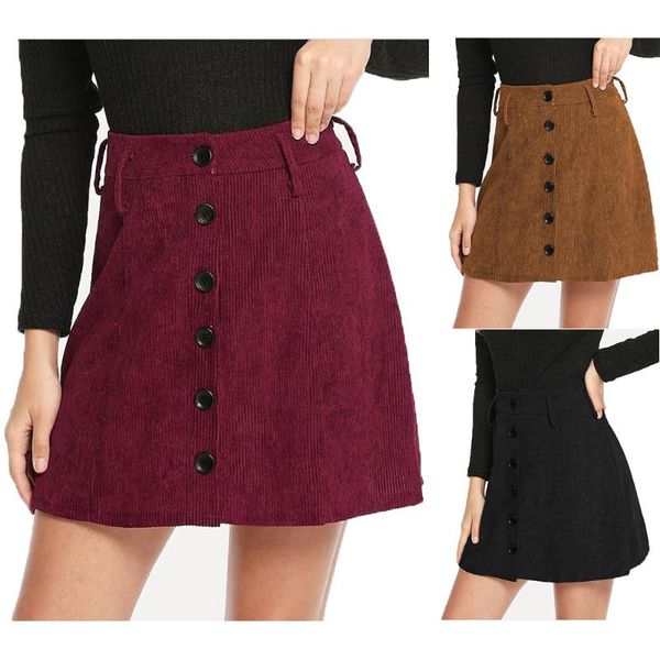 

skirts women's fashion casual front button mid-waist corduroy mini skirt solid slim campus wild a-line, Black
