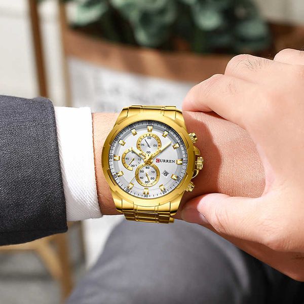 

men watches luxury brand curren big dial golden male watch chronograph gold watches mens men's wristwatch relogio masculino 210527, Slivery;brown