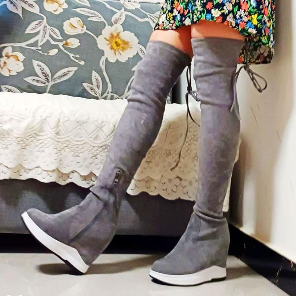 

boots plus size eur34-46 thigh high fashion sneaker women stretchy over the knee tall platform wedges heel pumps, Black