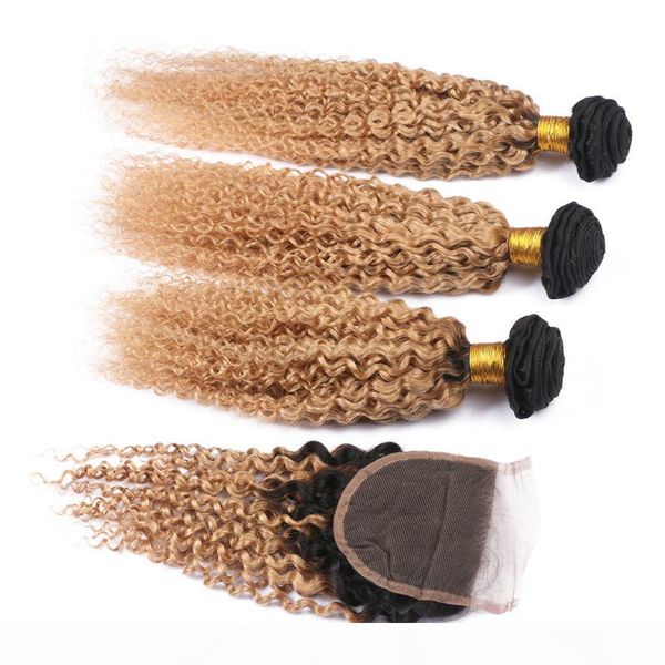 

#1b 27 dark roots ombre brazilian virgin hair weave with closure 4pcs lot honey blonde kinky curly human hair 3 bundles with closure, Black;brown