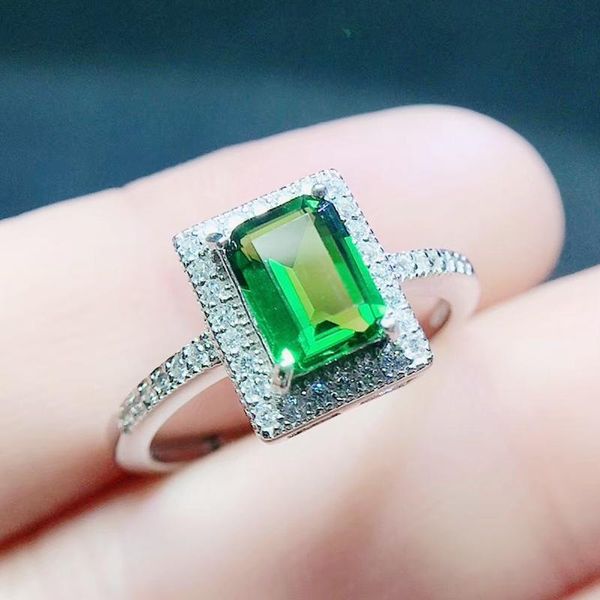 

cluster rings per jewelry natural real diopside rectangle ring 5*7mm 1.3ct gemstone 925 sterling silver fine q2042634, Golden;silver