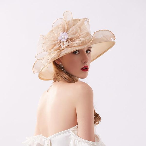 

stingy brim hats summer sun hat foldable wedding elegant flower pot big tweed beach, Blue;gray