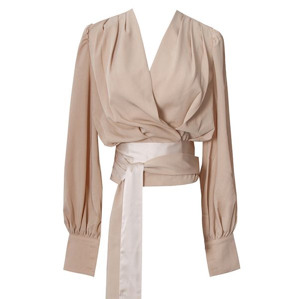 

2021 new runway designers mujer spring autumn elegant draped v-neck long sleeve chiffon blouses womens office wear 5buc, White