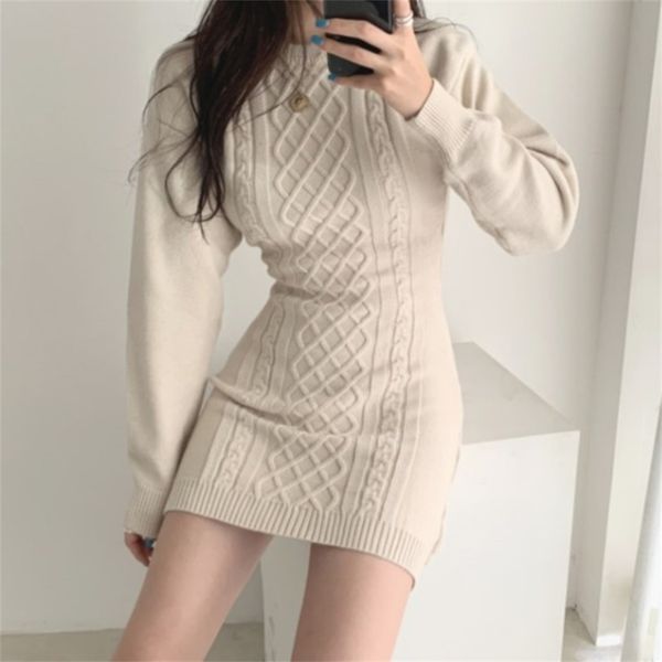 

korean fashion casual knitted sweater mini bodycon dress women autumn winter long sleeve knitting dress robe femme vestidos 201008, White;black