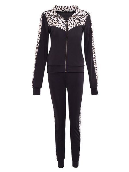 

hirigin women autumn 2pcs leopard suit splicing turn down collar long sleeve zipper and high waist skinny pants set 2020 new, Red;black
