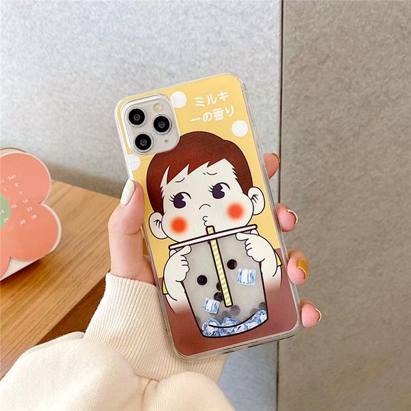 

cute cartoon quicksand boy girl drinking pearl milk tea phone case for iphone 11pro xs max xr 7 8 plus dynamic liquid soft cover