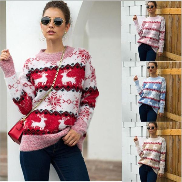 

women's sweaters christmas plush sweater women casual snowflake fawn o-neck long sleeve pullover winter clothing, White;black