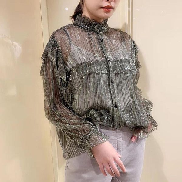 

women pleated shirt see-through long sleeve ruffle single breasted wild lady blouse, White