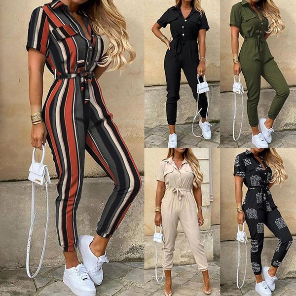 

2021 autumn women jumpsuit rompers cargo pants print european stripe american casual style model solid color streetwear 2xl, Black;white