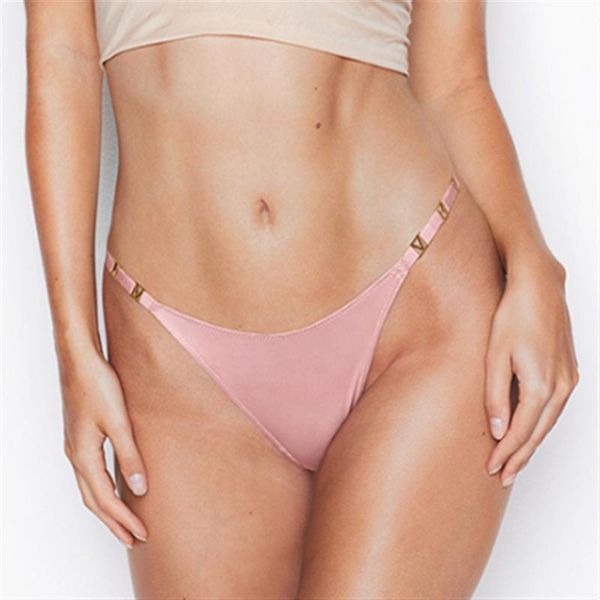 

women's panties european soild color underwear hollow metal v buckle female low-waist high-fork ice silk lingerie, Black;pink