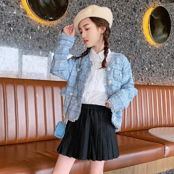

jackets autumn girls short coat korean style pink blue plaid jacket children long sleeve v-neck teenagers kids cardigan 8 10 y, Blue;gray