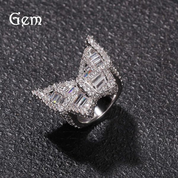 

new style micro inlaid large zircon butterfly ring fashion exaggeration gold plated hip hop ring, Silver
