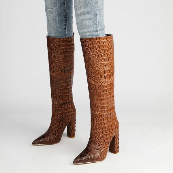 

boots crocodile print knee high brand women faux leather square heel long pointed toe winter woman, Black