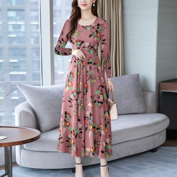 

women's dress long sleeve o-neck floral elegant beach printing long dress bohemian autumn mid-calf, Black;gray