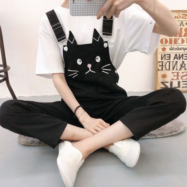 

jumpsuits women kawaii cartoon loose overall slouchy trousers student daily chic leisure fashion oversize all-match cute woman, Black;white
