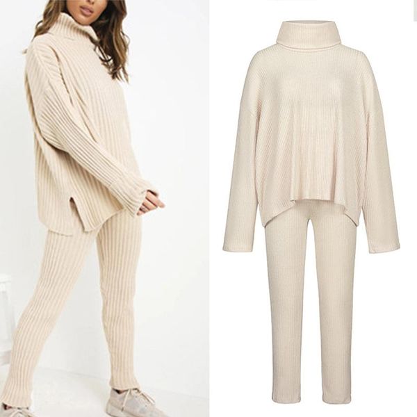 

women's two piece pants knitting sweater sets scarf collar loose elastic waist casual set female 2021 autumn lady suits, White