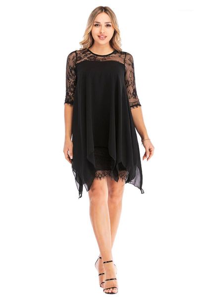 

casual dresses summer perspective lace sleeve patchwork chiffon short dress cover up 4xl plus size women clothing robe grande taille fe, Black;gray