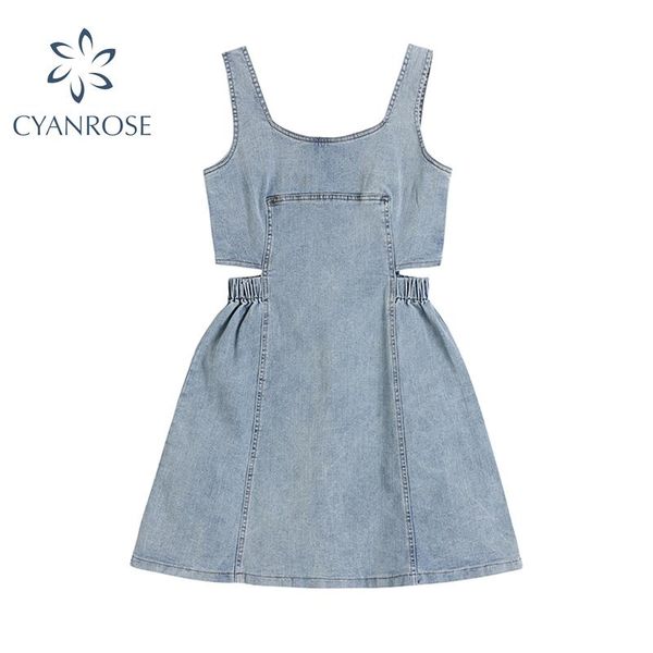 

casual dresses fashion denim strap mini women high waist hollow out design streetwear backless party club midi jean dress, Black;gray