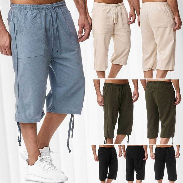 Calça masculina de linho de algodão verão 2021 sólida casual larga cintura elástica masculina respirável capri pantalona X0615