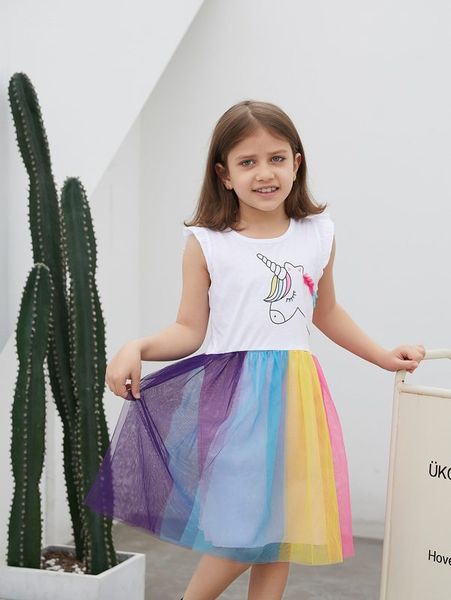 

toddler girls unicorn print frill trim colorblock mesh dress she, Red;yellow