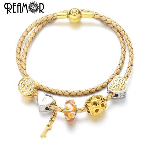 

charm bracelets reamor luxury heart diy bracelet gold love key and lock white cz beaded for women jewelry christmas gift, Golden;silver