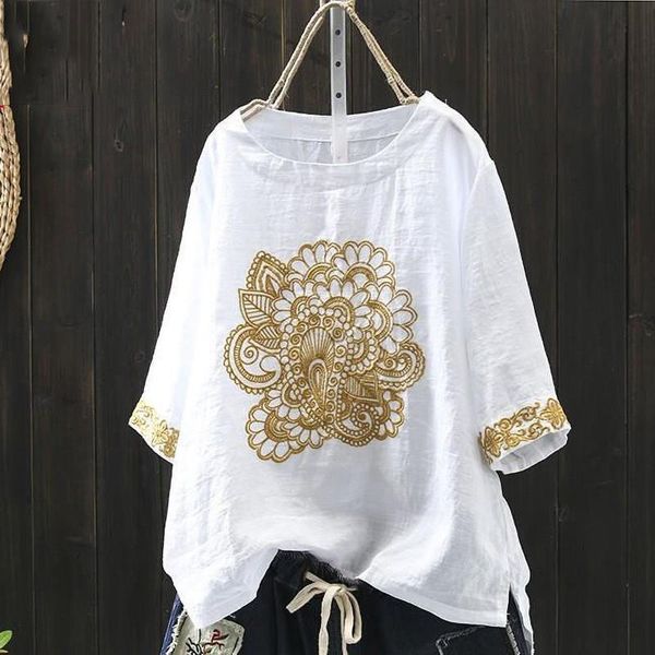 

plus size women clothing white linen blouse summer 100% cotton embroidery loose short sleeve linen ladies casual