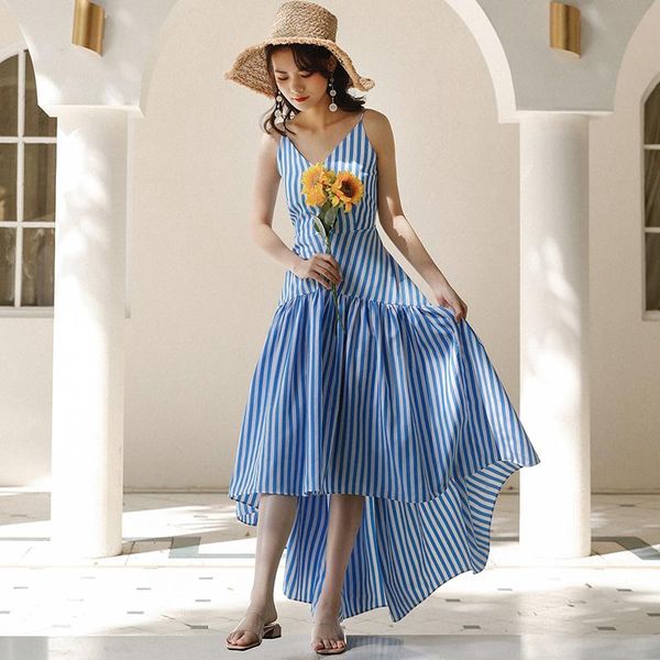 

casual dresses high waist blue white striped strap dress for women 2021 fashion hawaii vacation beach clothing ladies asymmetry design, Black;gray