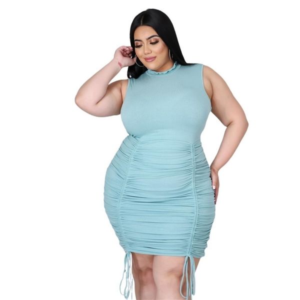 

plus size women charming o-neck sleeveless dress summer arrivals shirring lace-up bodycon stracked mini party dresses 210525, Black;gray
