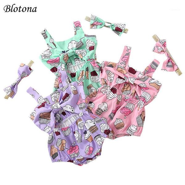 

blotona baby girl summer 2pcs clothes set cartoon printed pattern sleeveless square collar romper + headdress outfits 0-24months rompers, Blue