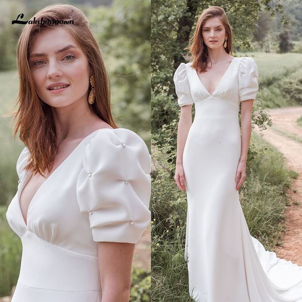 

new elegant simple wedding 2021 boho bridal gown v-neck long bride es plus size vintage beads vestido de novia wu3l, White
