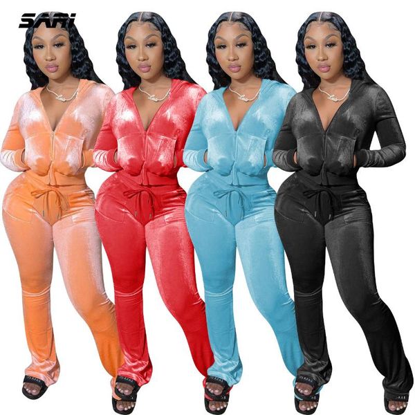 

women's two piece pants solid velour set women simple casual zipper long sleeve turtleneck lace slim female wide leg fitness clothing, White