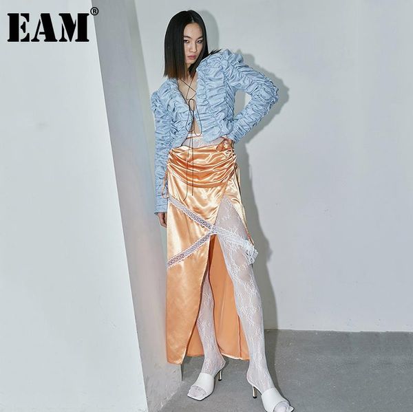 

skirts [eam] hollow out lace vent asymmetrical drawstring high waist half-body skirt women fashion spring autumn 2021 1dd4773, Black