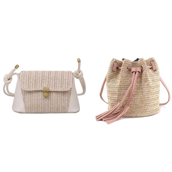 

evening bags 2 pcs messenger bag ladies fabric summer beach with tassels weaving crossbody bag, pink & white