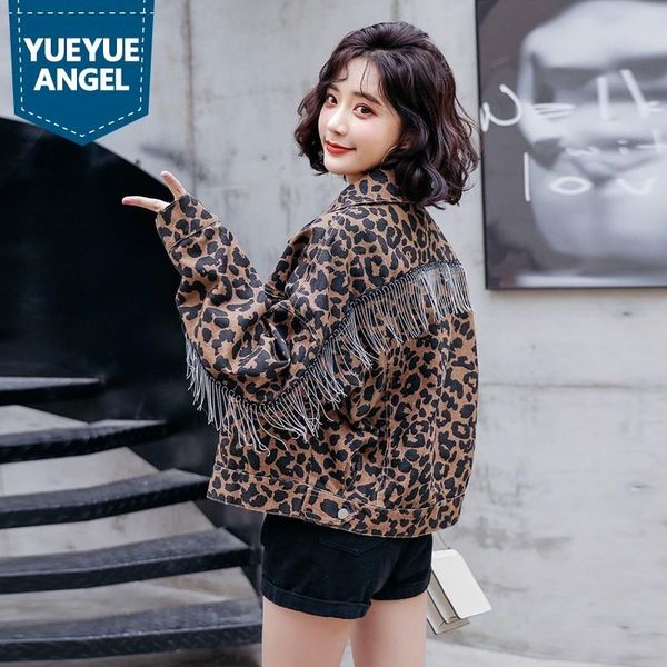 

women's jackets fashion high street womens leopard chain tassel loose long batwing sleeve boy friend style casual female short coats, Black;brown