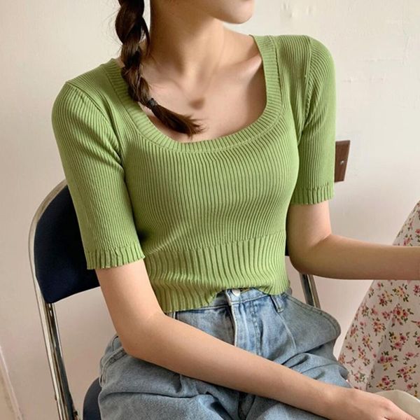 

women's t-shirt 2021summer avocado square collar thin knitted pullovers cool sweater slim women spring design knitwear short sleeve, White