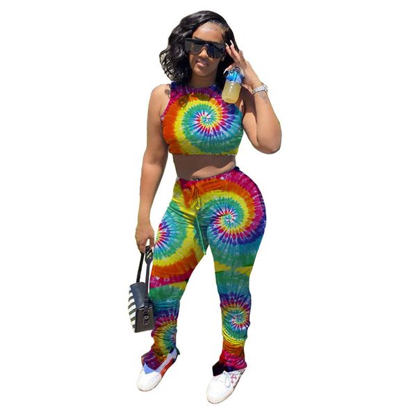 

rainbow paisley dyed tie outfits 2 all-female streetwear sleeveless short sleeves ruched long leggings side slits re0e, Gray