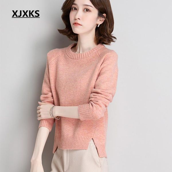 

xjxks round neck long-sleeved split women sweater 2021 autumn winter new high-end cashmere knitted sweater women pullover, White;black