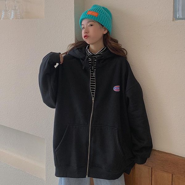 

women's hoodies & sweatshirts ins loose lazy hooded female zipper harajuku plus velvet thick women casual mid-length coat 2021 arival, Black
