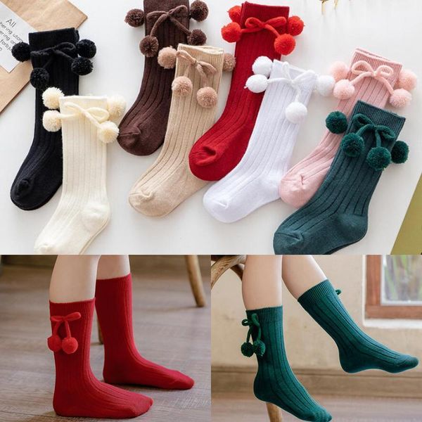 

socks 0-5years autumn winter girls knee high cherry ball christmas for girl infant baby cotton sock long children, Pink;yellow