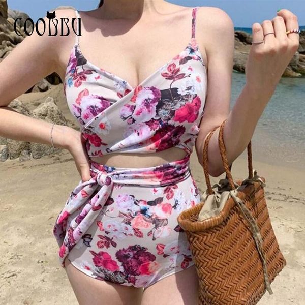 

coobbu floral print swimsuit 2021 cross push up swimwear women high waist bathing suit monokini swim one-piece suits
