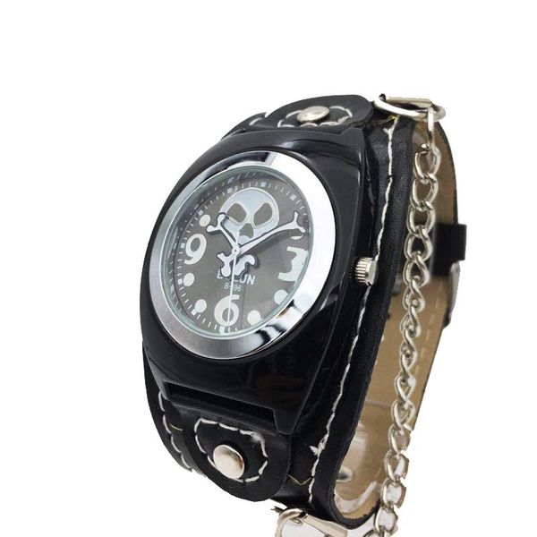 

wristwatches retro punk quartz watch men cool skull dial men's wrist watches man black leather bracelet w/ chain rivet relogio masculin, Slivery;brown