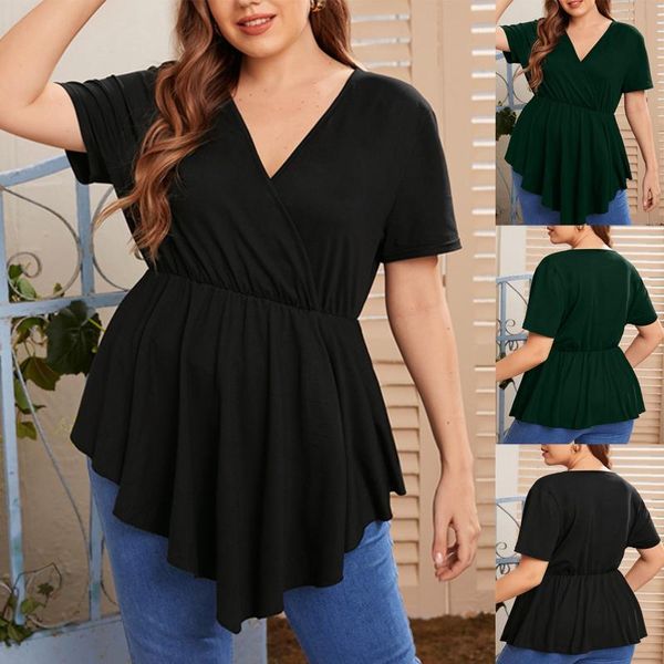 

women's blouses & shirts s plus size v-neck solid floral t women clothing summer big ladies ruffles irregular blusas, White