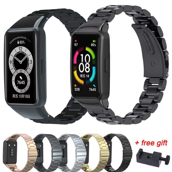 

watch bands correa for huawei band 6 & honor strap stainless steel bracelet metal watchband wristband with adjustment tool, Black;brown