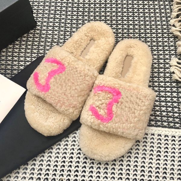 

designer women print lambs wool slipper paris brand fur woolen plush slides lambswool flat heel scuffs slippers home loafers sandal luxurys, Black