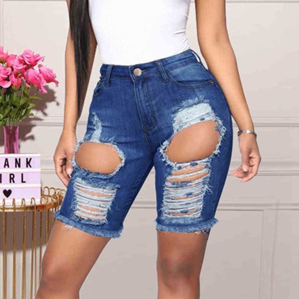 

women's shorts shorts hole blue high waist straight denim women ripped streetwear slim lady cotton knee length juv2, White;black