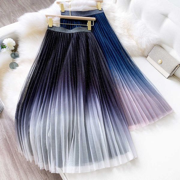 

two piece dress gradient starry sky women tutu tulle skirt spring summer a line high waist long midi pleated mesh s femme 6c6v, White