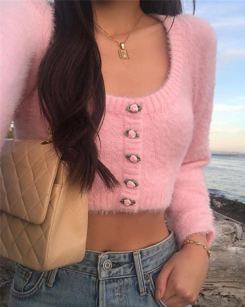 

women's knits & tees korean long sleeve solid cardigan early spring sweet girl pink furry low round neck knitted short sweater coat 202, White